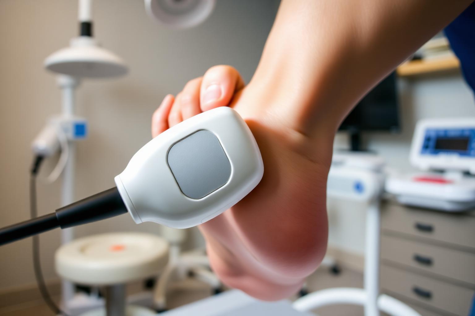 Shockwave therapy device being applied to a patient's heel at RGV Foot & Ankle Institute