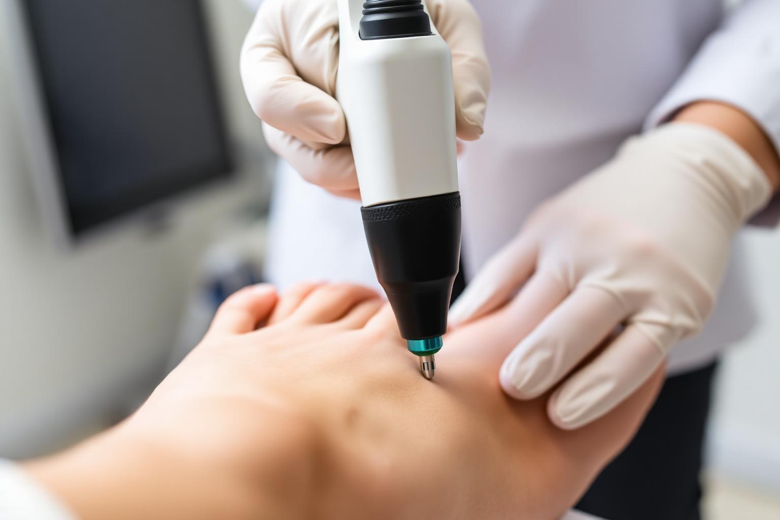 Podiatrist using a Swift microwave therapy handpiece to treat a plantar wart on a patient's foot at RGV Foot & Ankle Institute